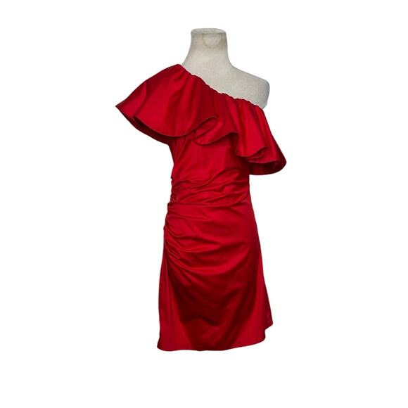 H&M red one shoulder ruffled ruched mini dress size 4 - Picture 8 of 13